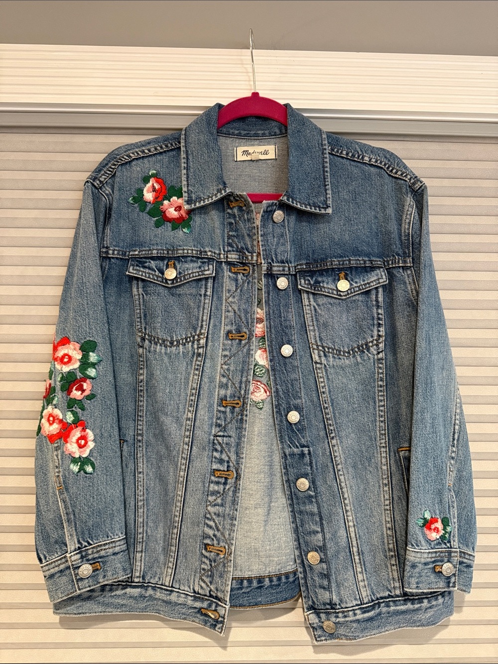 Madewell Blue Denim Jacket with Red & White Floral Embroidery